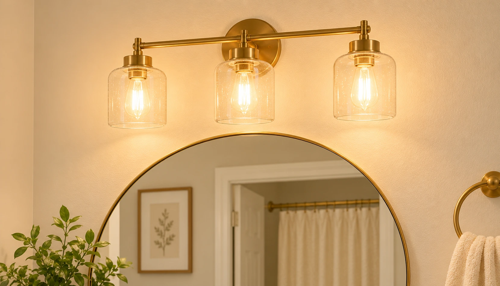 Warm toned vanity light fixture installed above a bathroom mirror