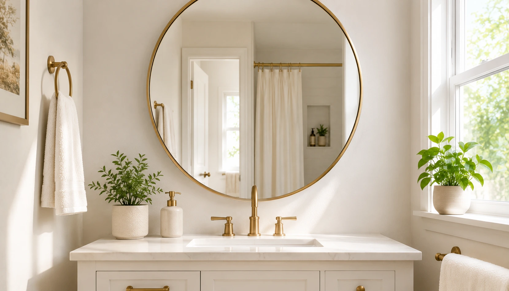 Large round mirror mounted over a bathroom vanity, replacing a smaller dated mirror