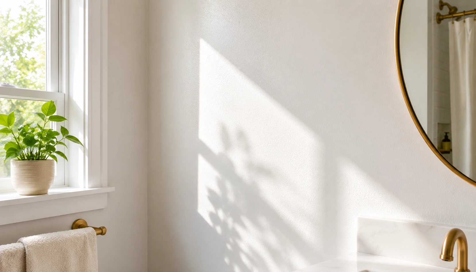 Freshly painted soft white bathroom wall with natural light