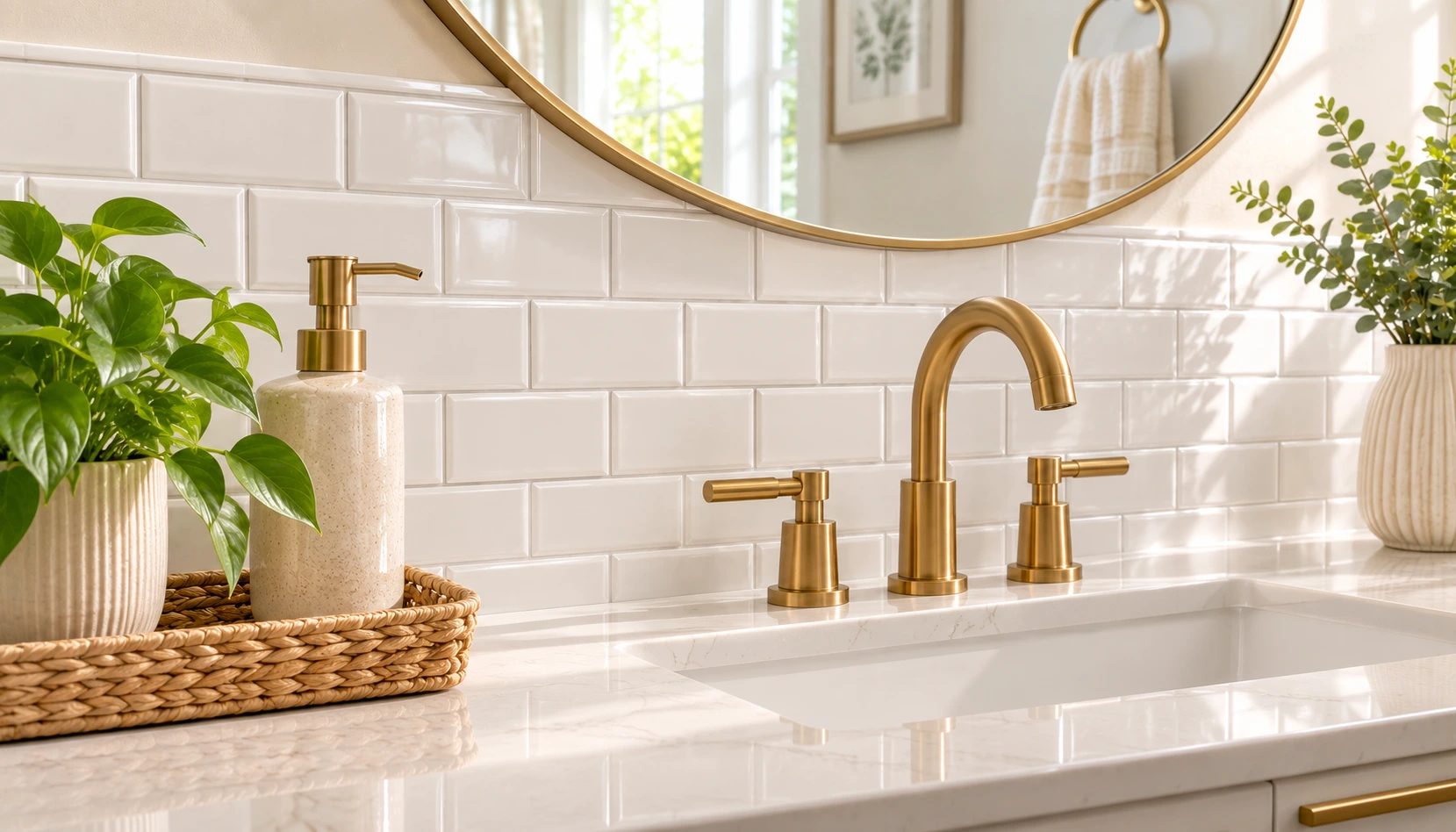 Peel and stick tile backsplash applied above a bathroom vanity