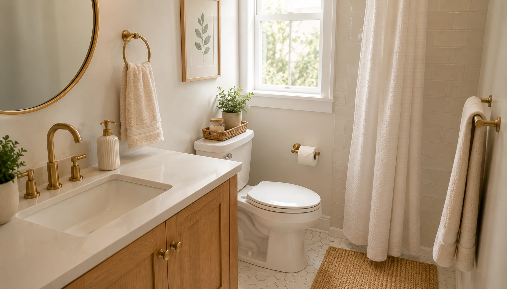 Small bathroom fully refreshed on a budget with new towels, hardware, and a plant