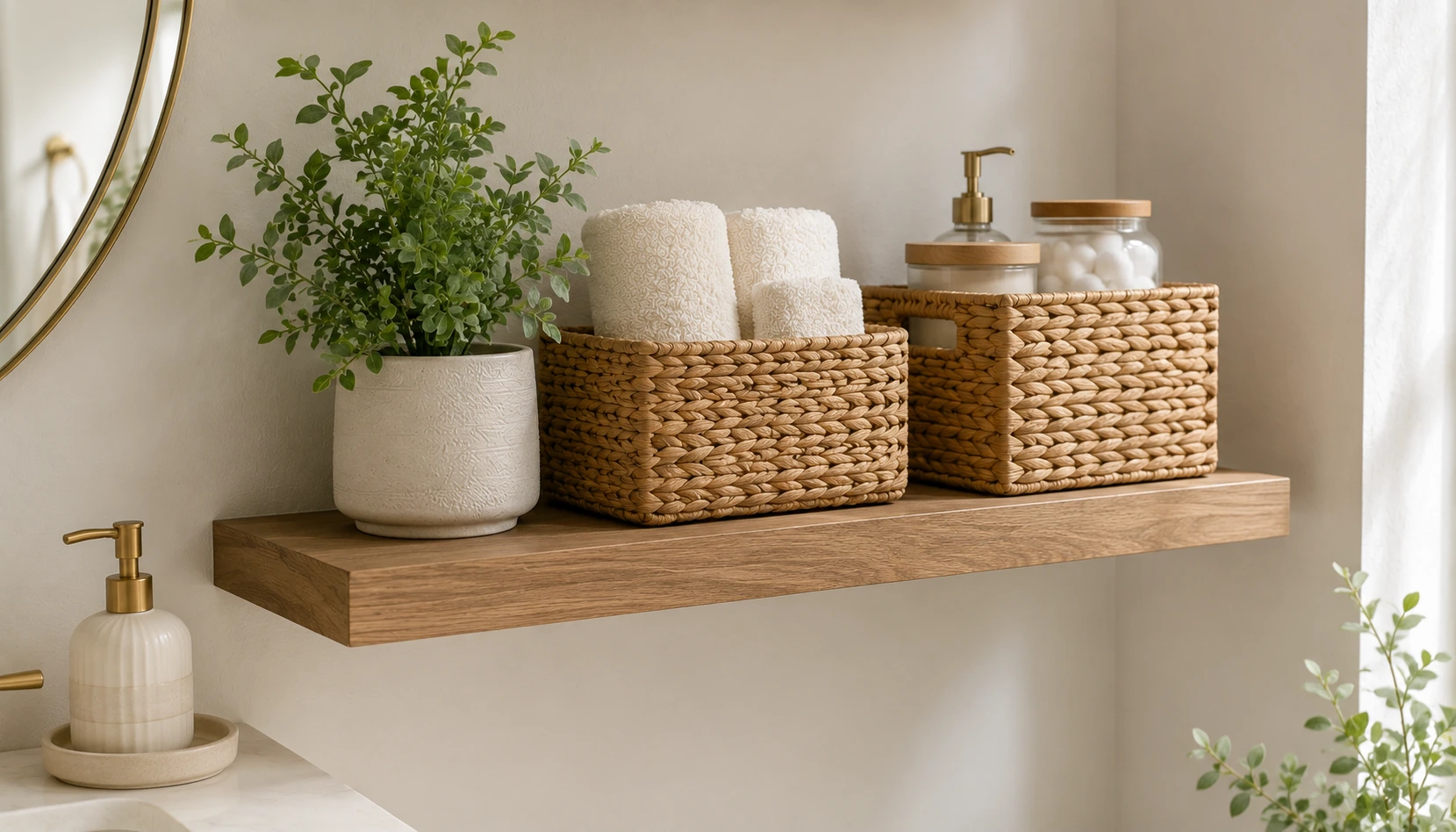 Floating wood shelf with woven baskets holding bathroom essentials