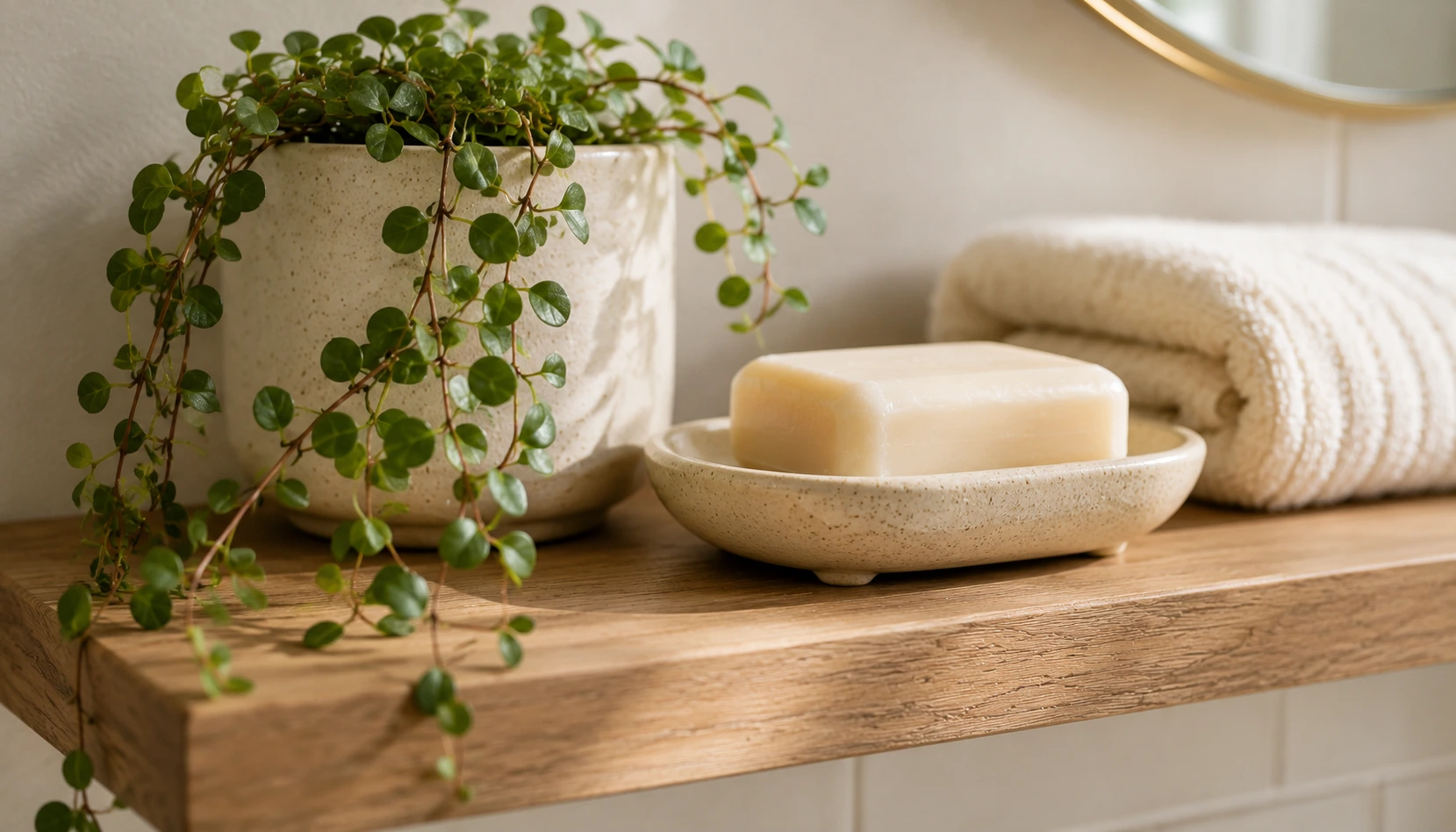 Small trailing plant and ceramic soap dish styled on a bathroom shelf