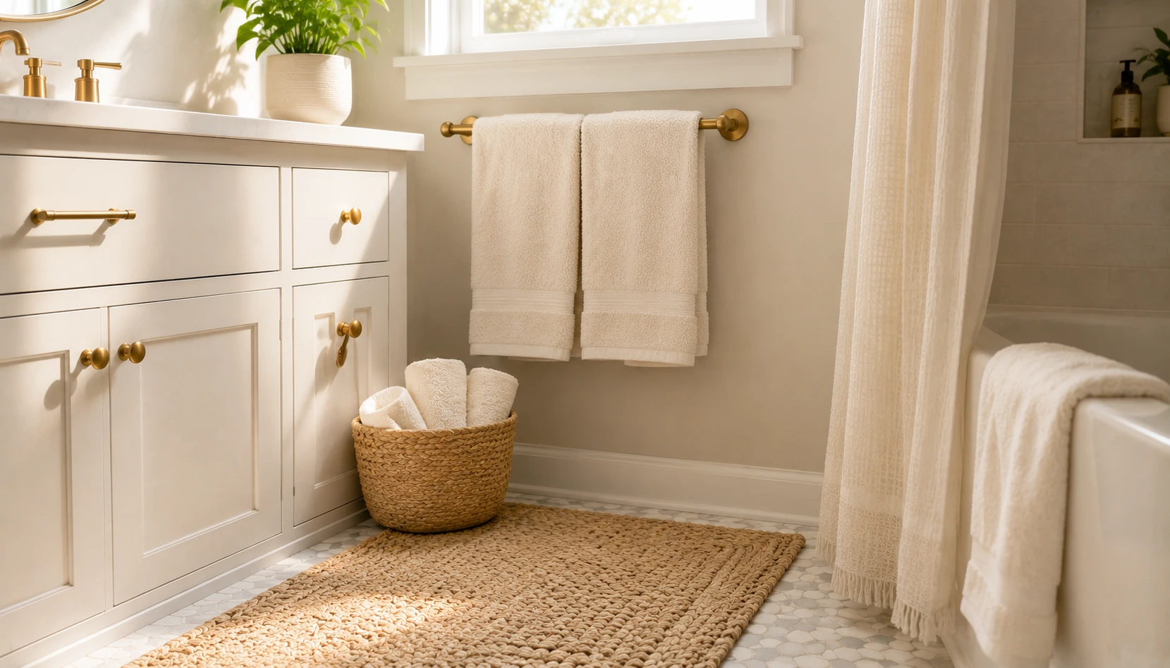 Coordinated cream towels and a woven bath mat in a small bathroom