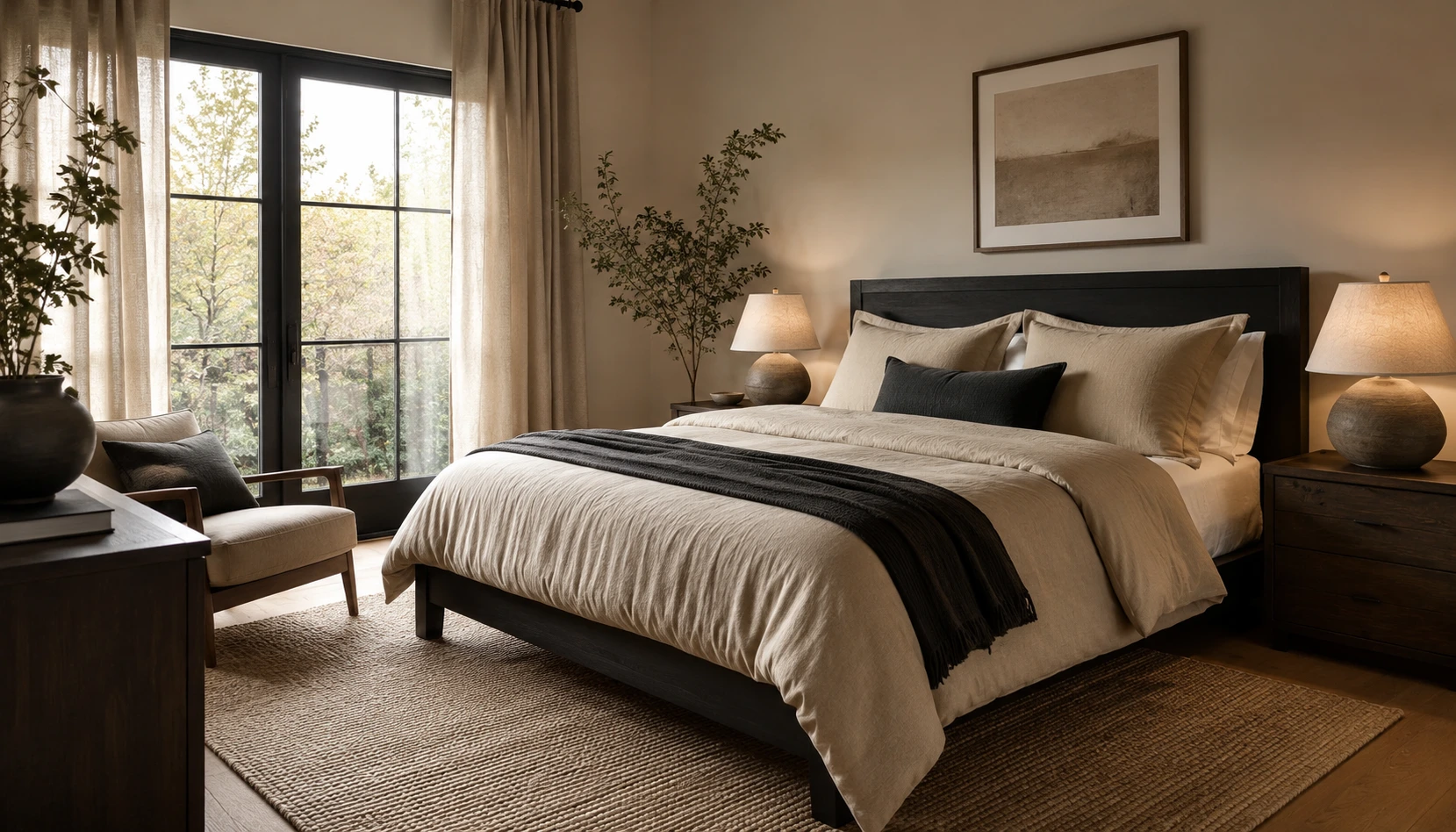 Black and Oat Contrast bedroom styled with realistic furniture and lighting