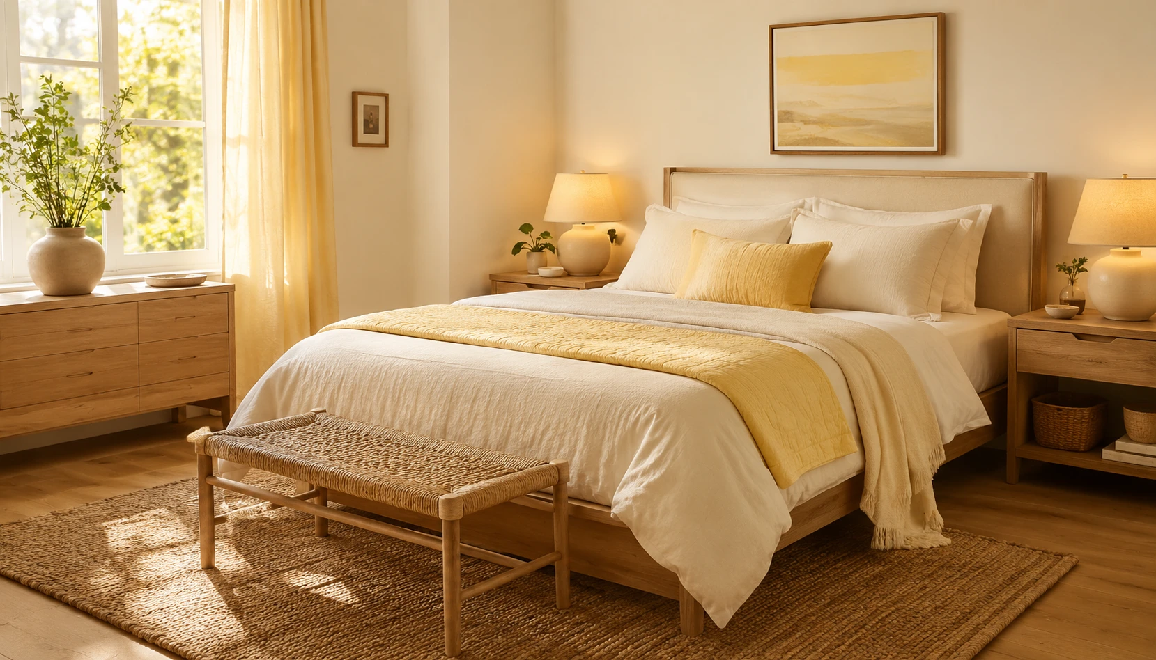 Butter Yellow and Warm White bedroom styled with realistic furniture and lighting