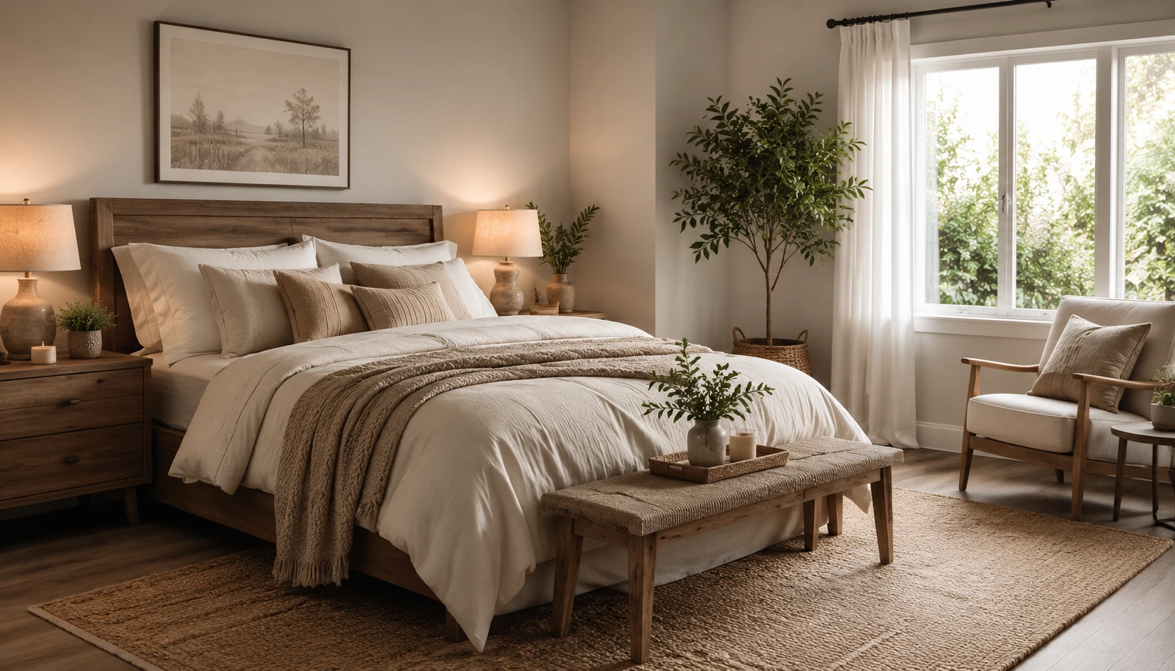 Bedroom with cream and olive repeated through bedding, curtains, and artwork