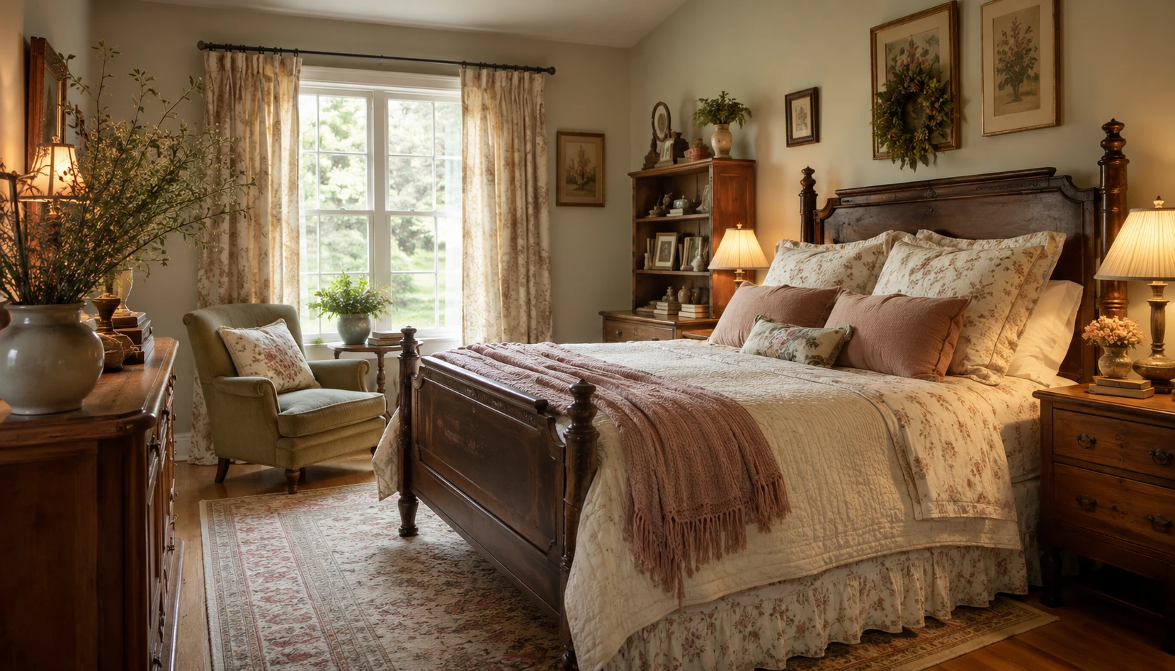 Cozy Vintage bedroom styled with realistic furniture and lighting