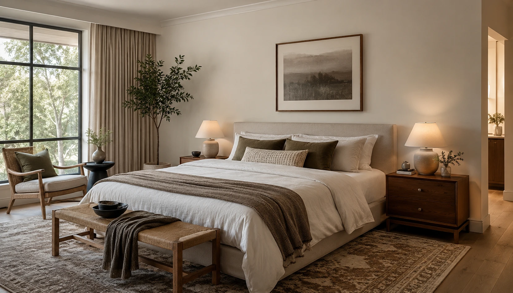 Warm bedroom with layered cream bedding, muted olive accents, natural wood furniture, and soft bedside lighting