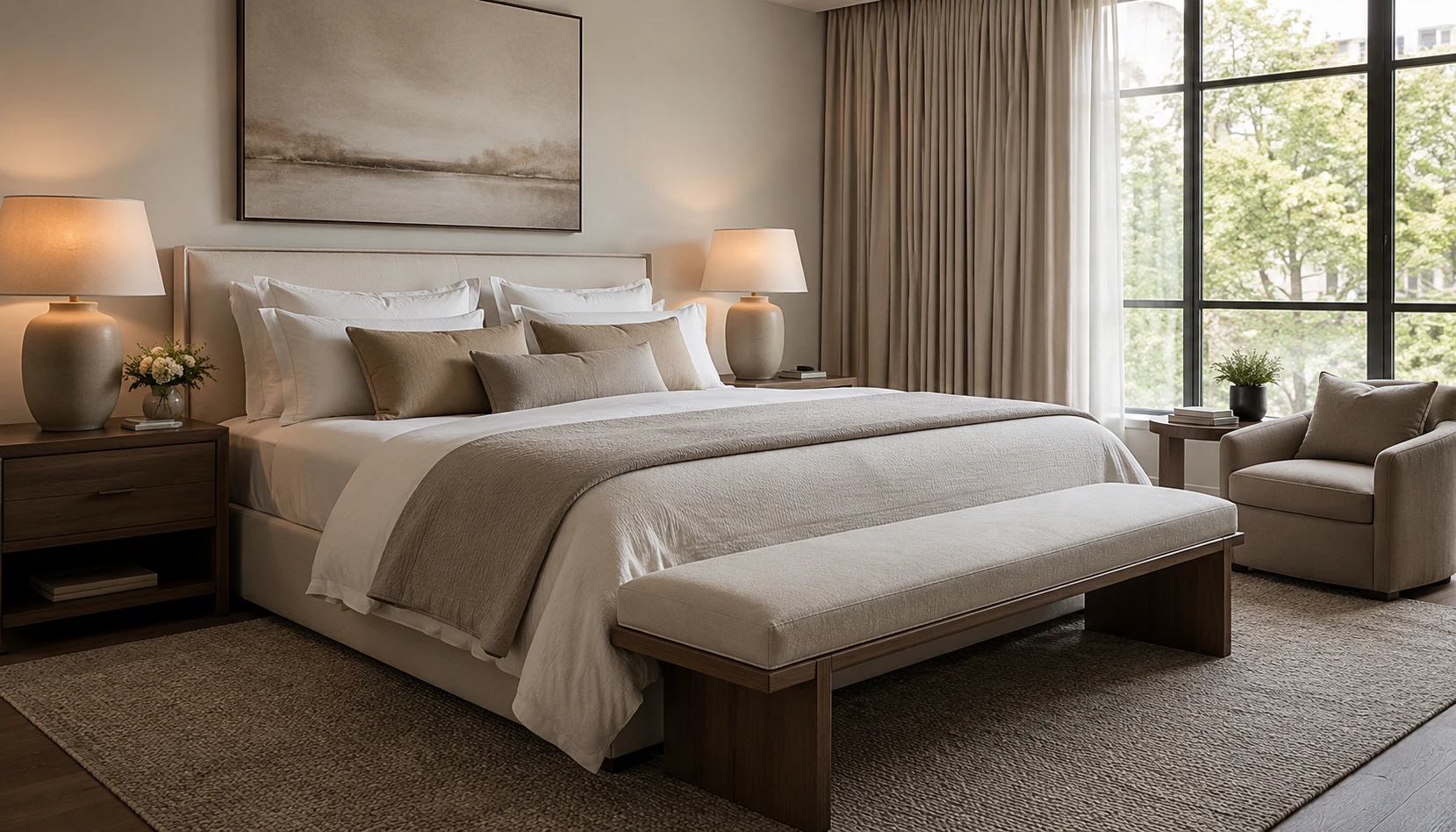 Hotel Neutral bedroom styled with realistic furniture and lighting