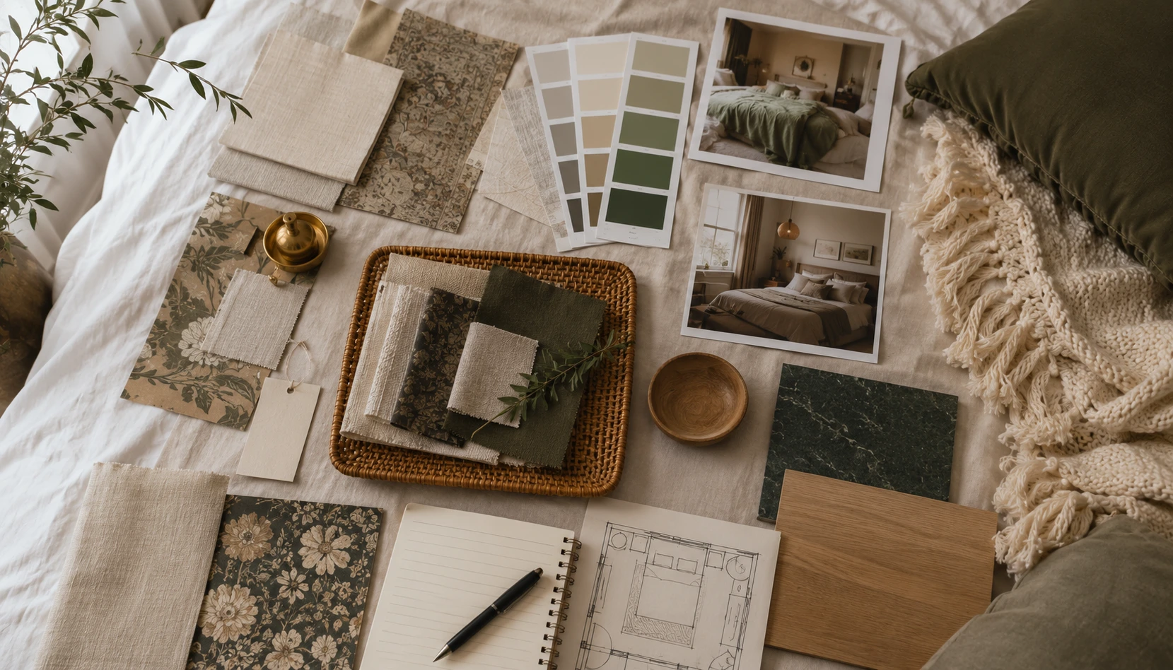 Bedroom mood board with paint, linen, wood, metal, and artwork samples