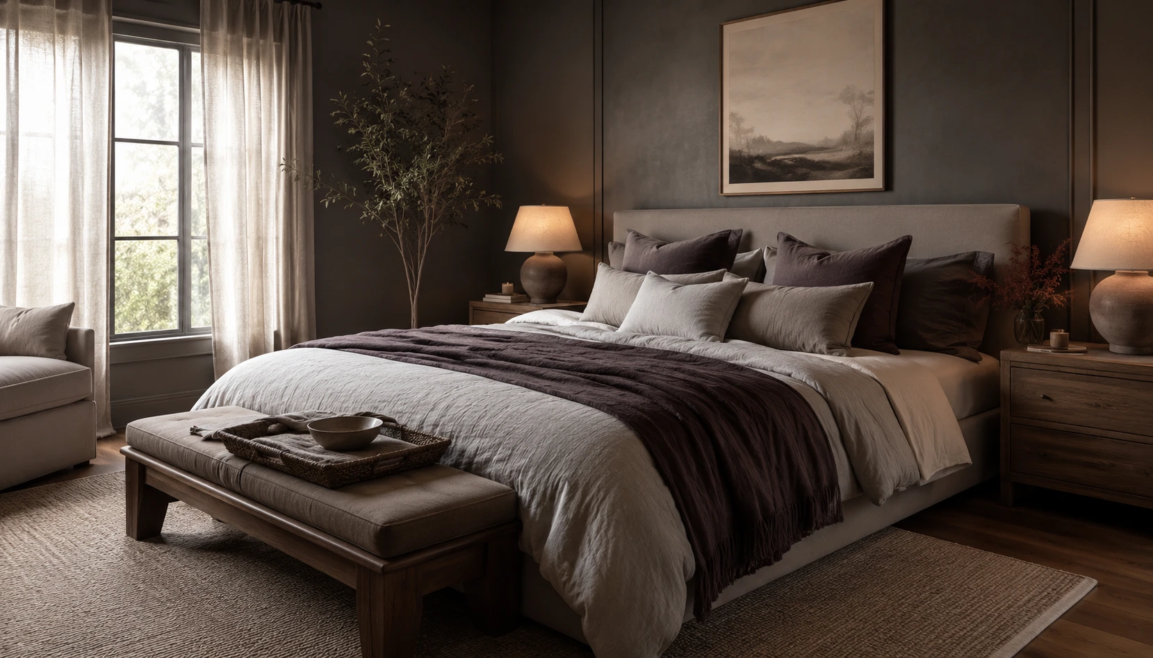 Moody and Soft bedroom styled with realistic furniture and lighting