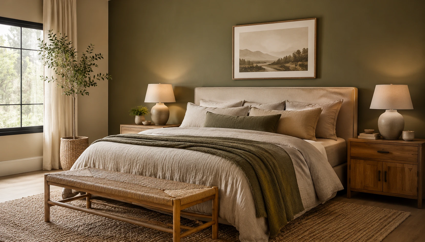 Olive and Oat bedroom styled with realistic furniture and lighting