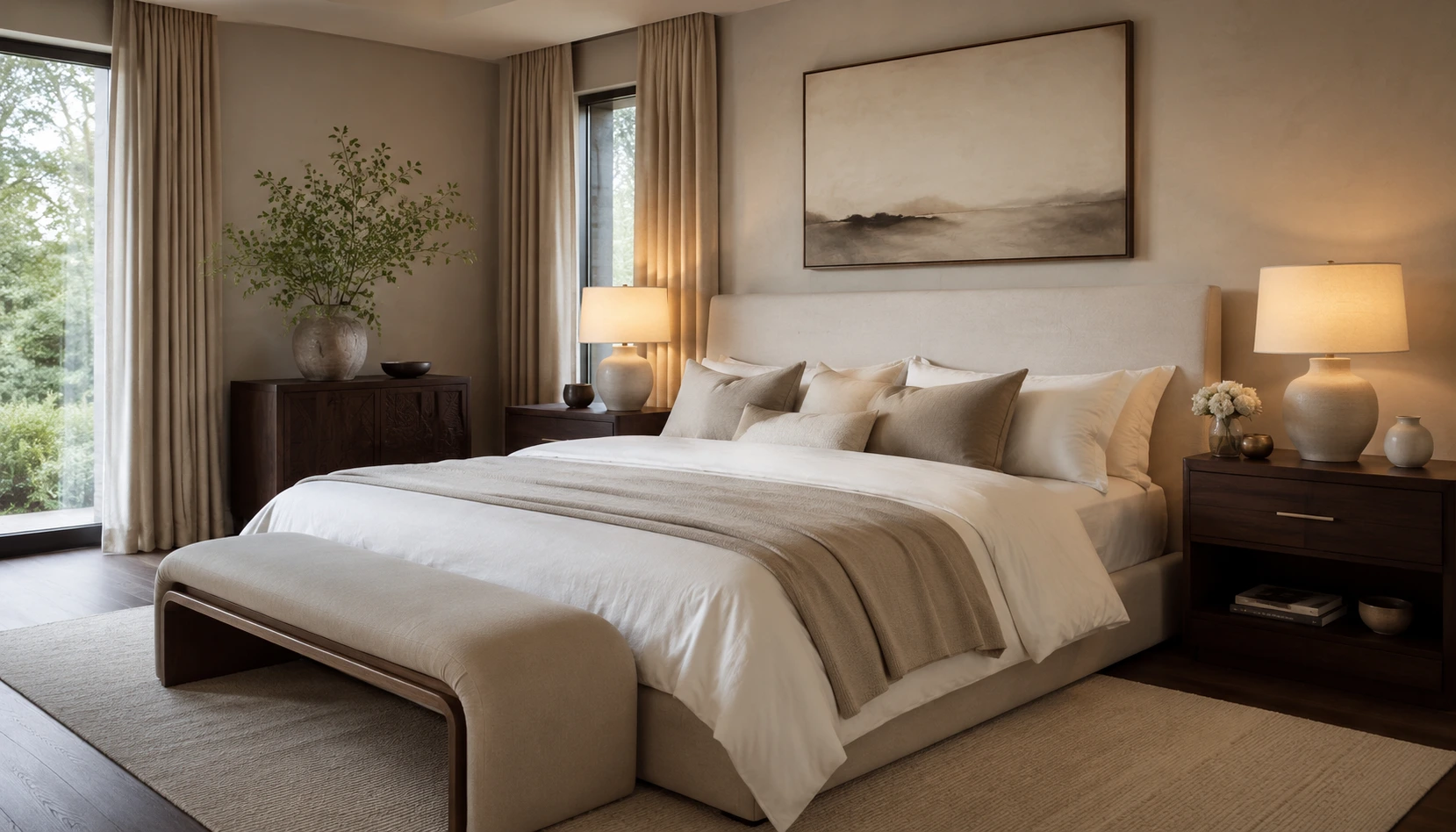 Quiet Luxury bedroom styled with realistic furniture and lighting