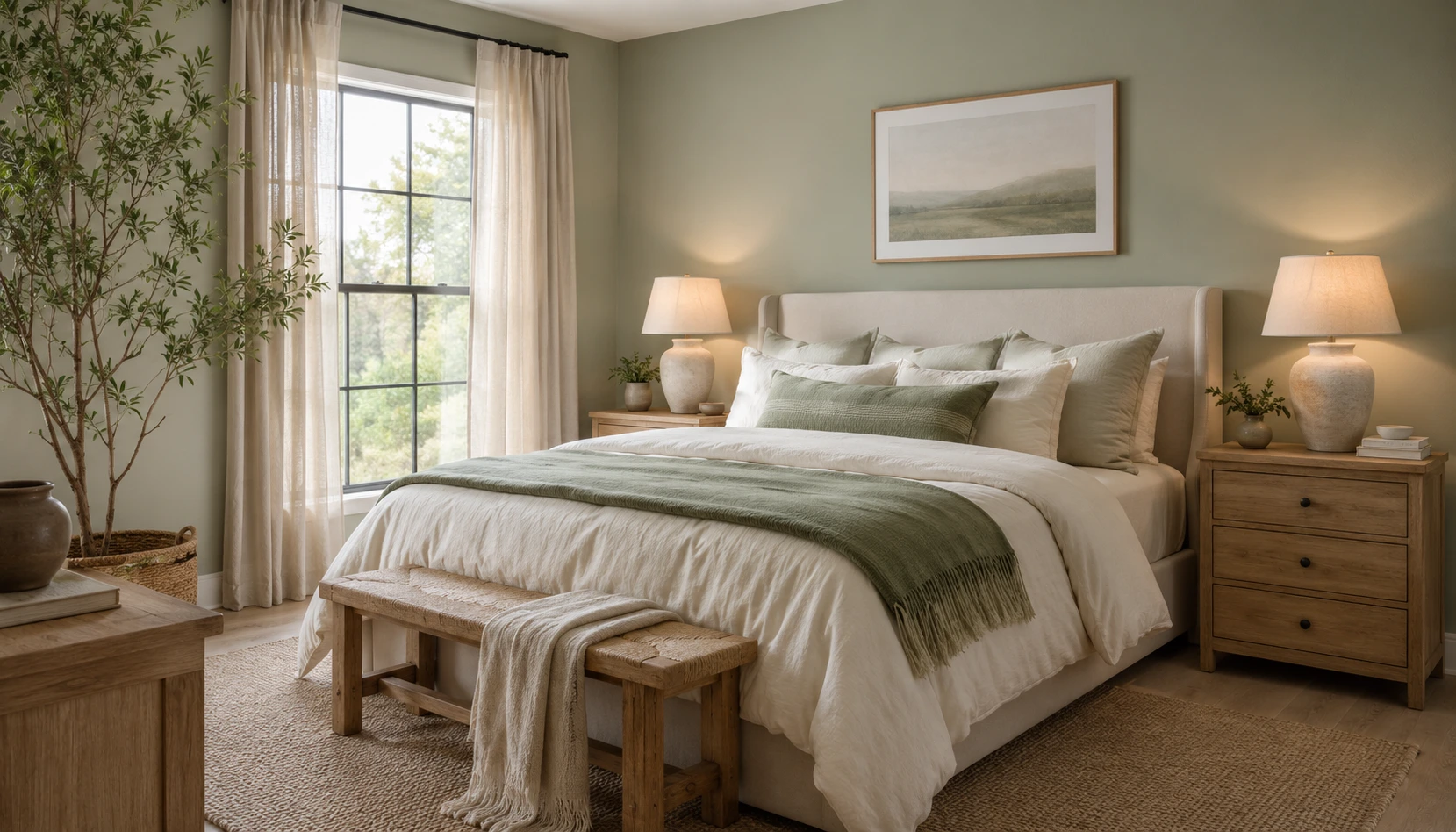 Soft Sage and Cream bedroom styled with realistic furniture and lighting