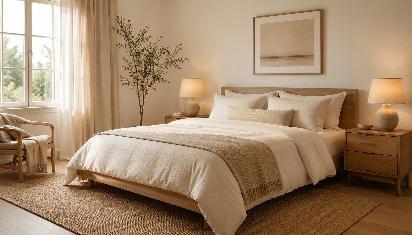 Warm Minimal bedroom styled with realistic furniture and lighting
