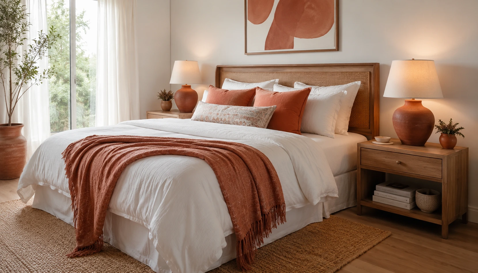 White and Terracotta bedroom styled with realistic furniture and lighting