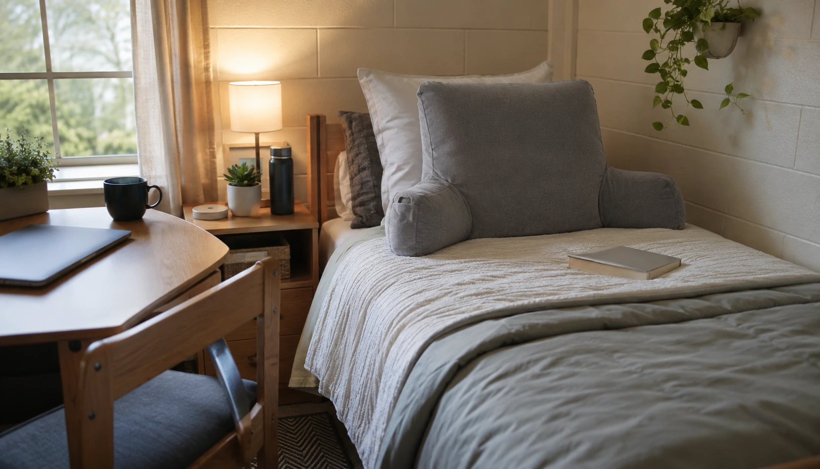 Use a Long Back Pillow shown in a realistic college dorm room