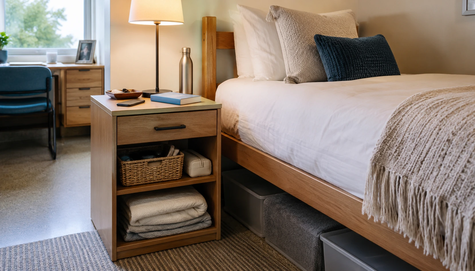 Add Bedside Storage shown in a realistic college dorm room