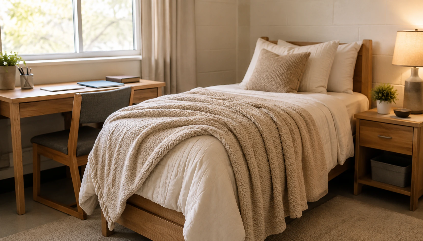 Add One Useful Blanket shown in a realistic college dorm room