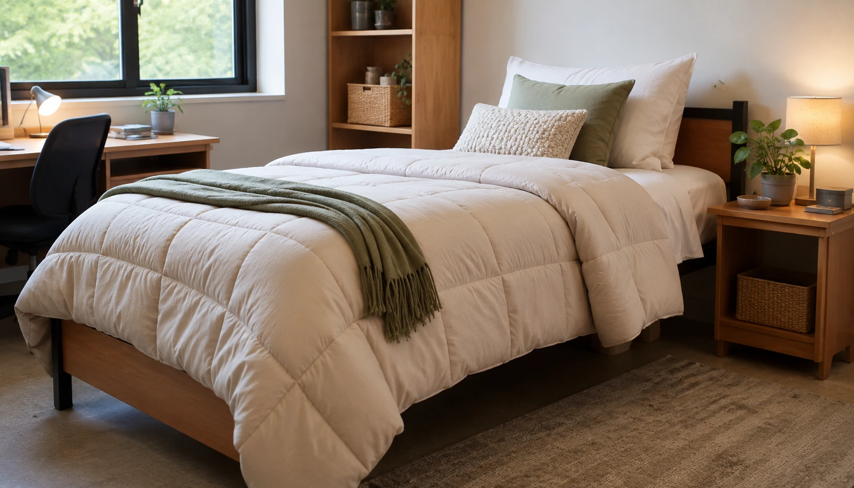 Use a Practical Comforter shown in a realistic college dorm room