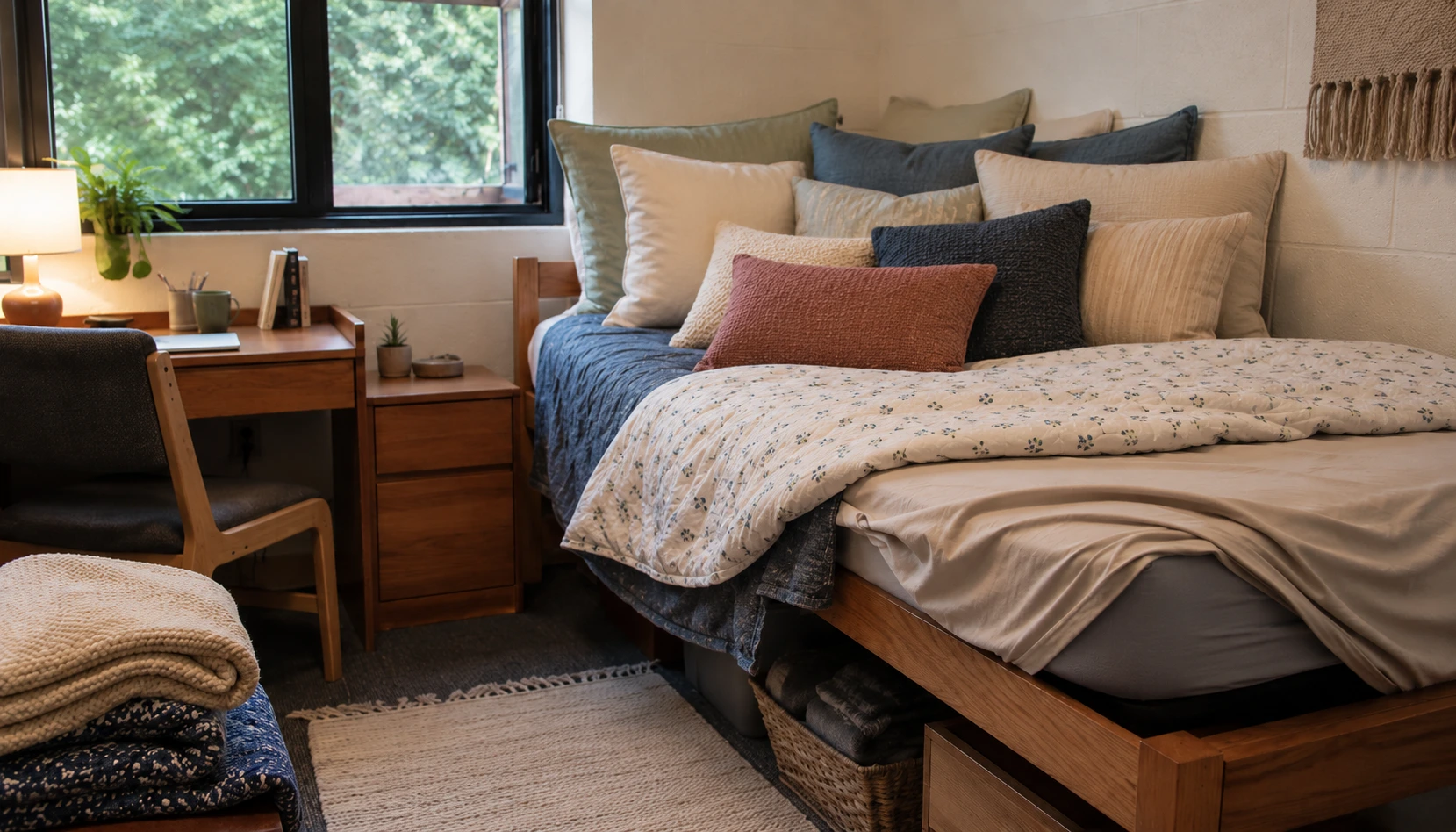 Split comparison of overcrowded and practical dorm bedding setups