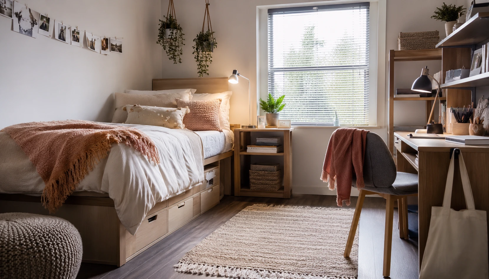 Cozy college dorm bed with layered cream bedding, a blush throw, underbed storage, and warm task lighting