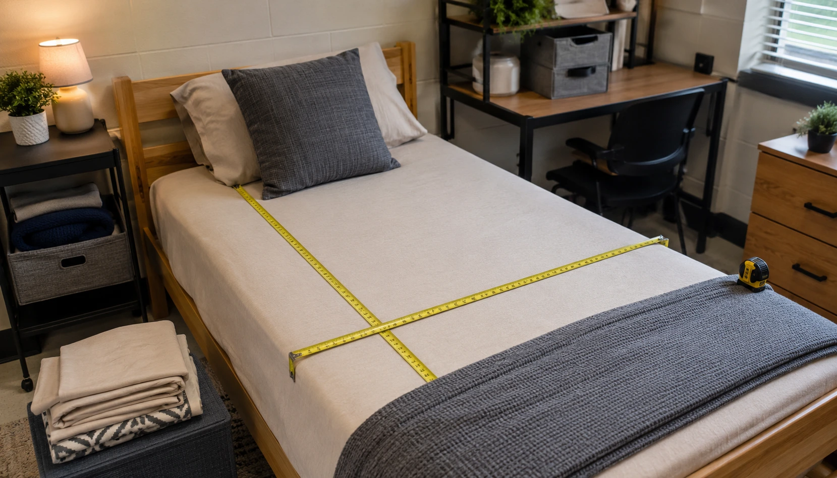 Measure Before Buying Anything shown in a realistic college dorm room