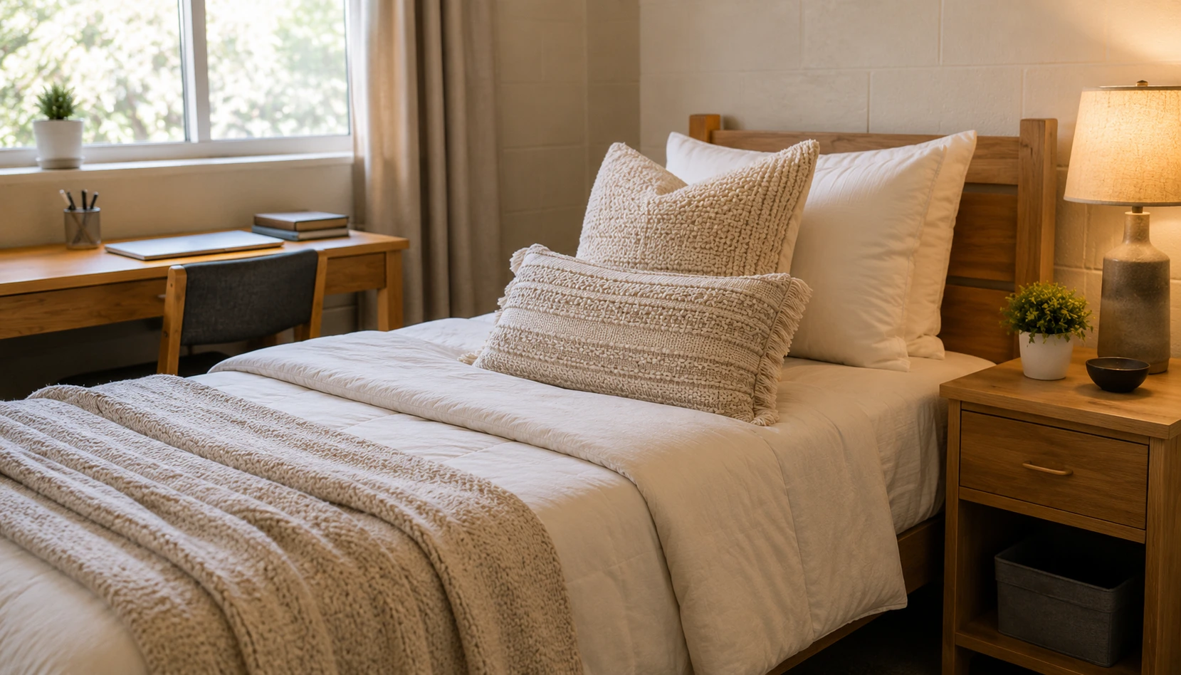 Keep the Pillow Count Under Control shown in a realistic college dorm room