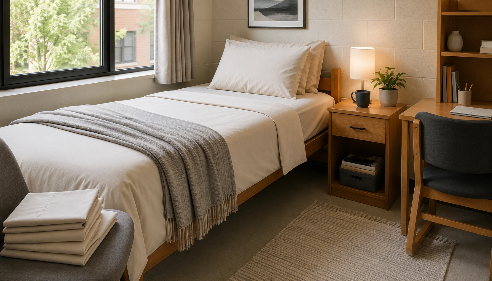 Choose Sheets You Can Wash Easily shown in a realistic college dorm room