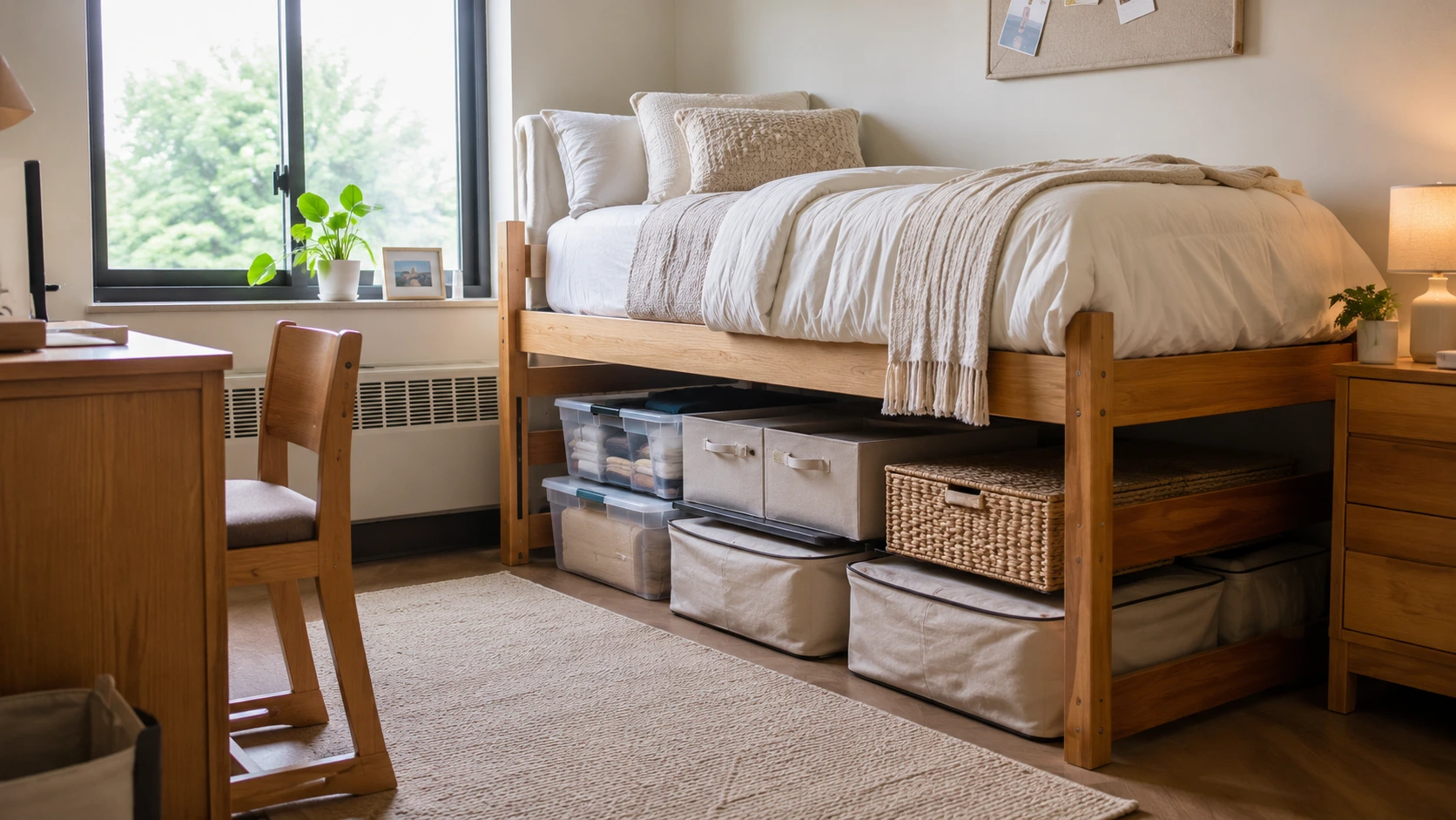 Organize Underbed Storage shown in a realistic college dorm room