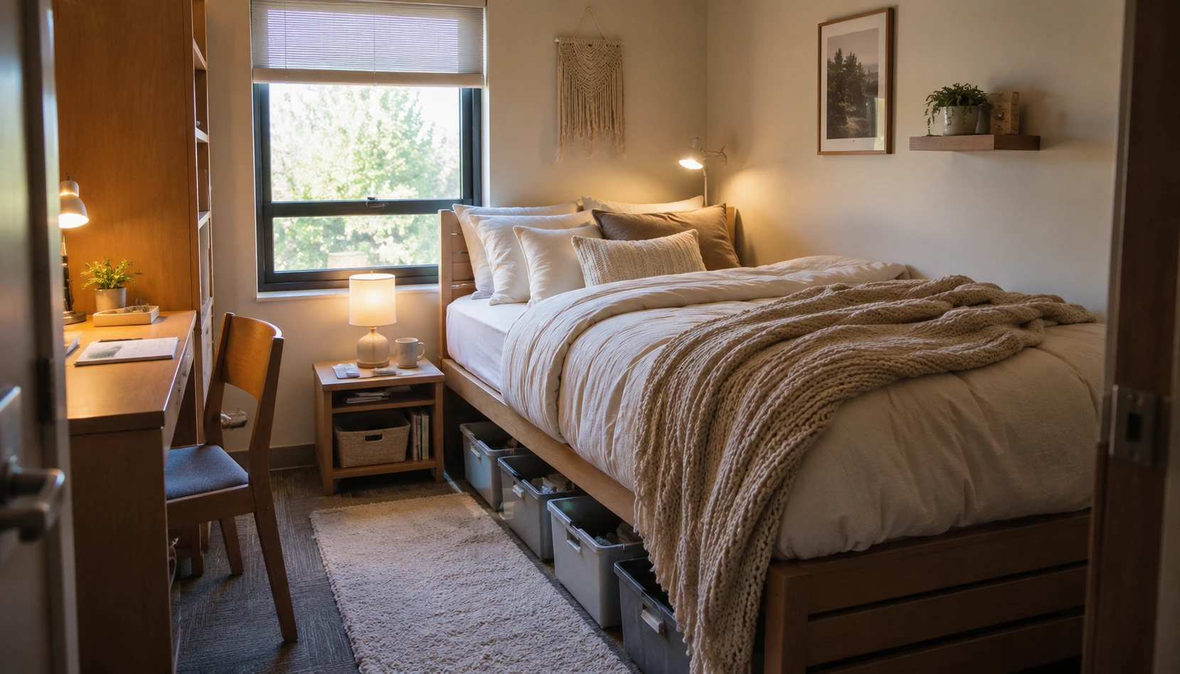 Small dorm room where the neatly made bed is the largest feature