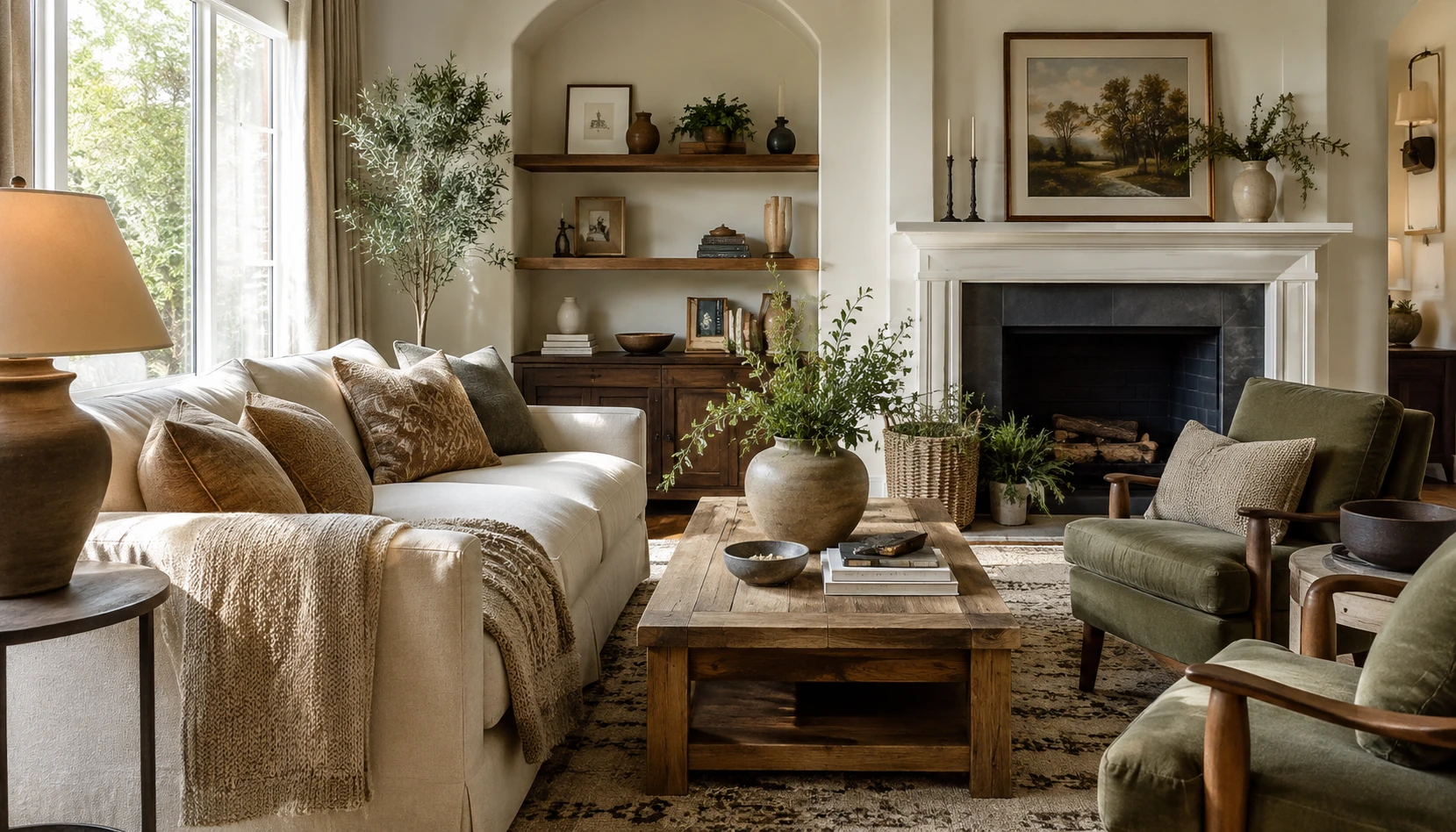 Living and dining rooms connected by repeated wood, cream, and olive