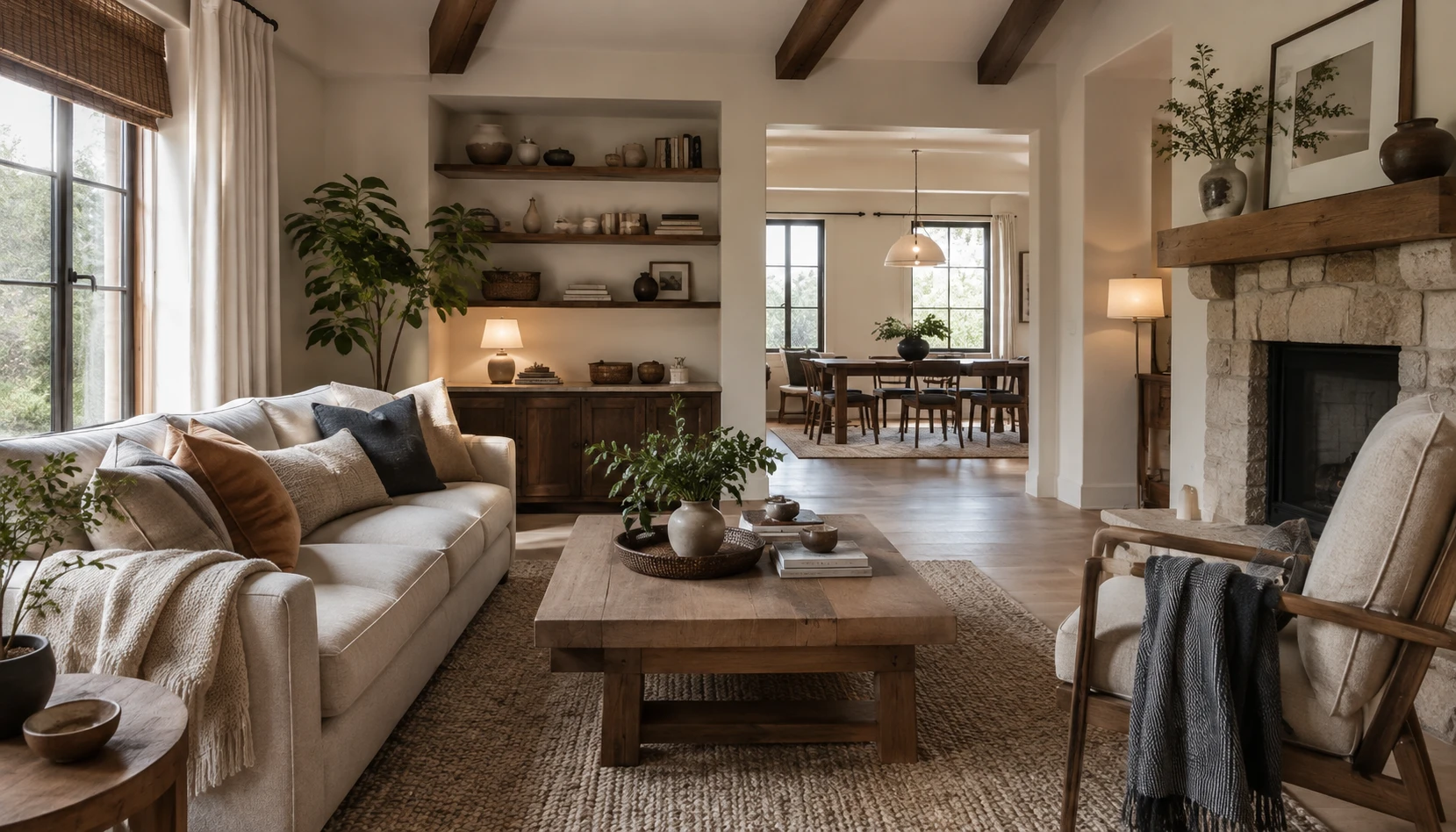Connected living and dining area with warm wood, cream textiles, layered lighting, and repeated olive accents