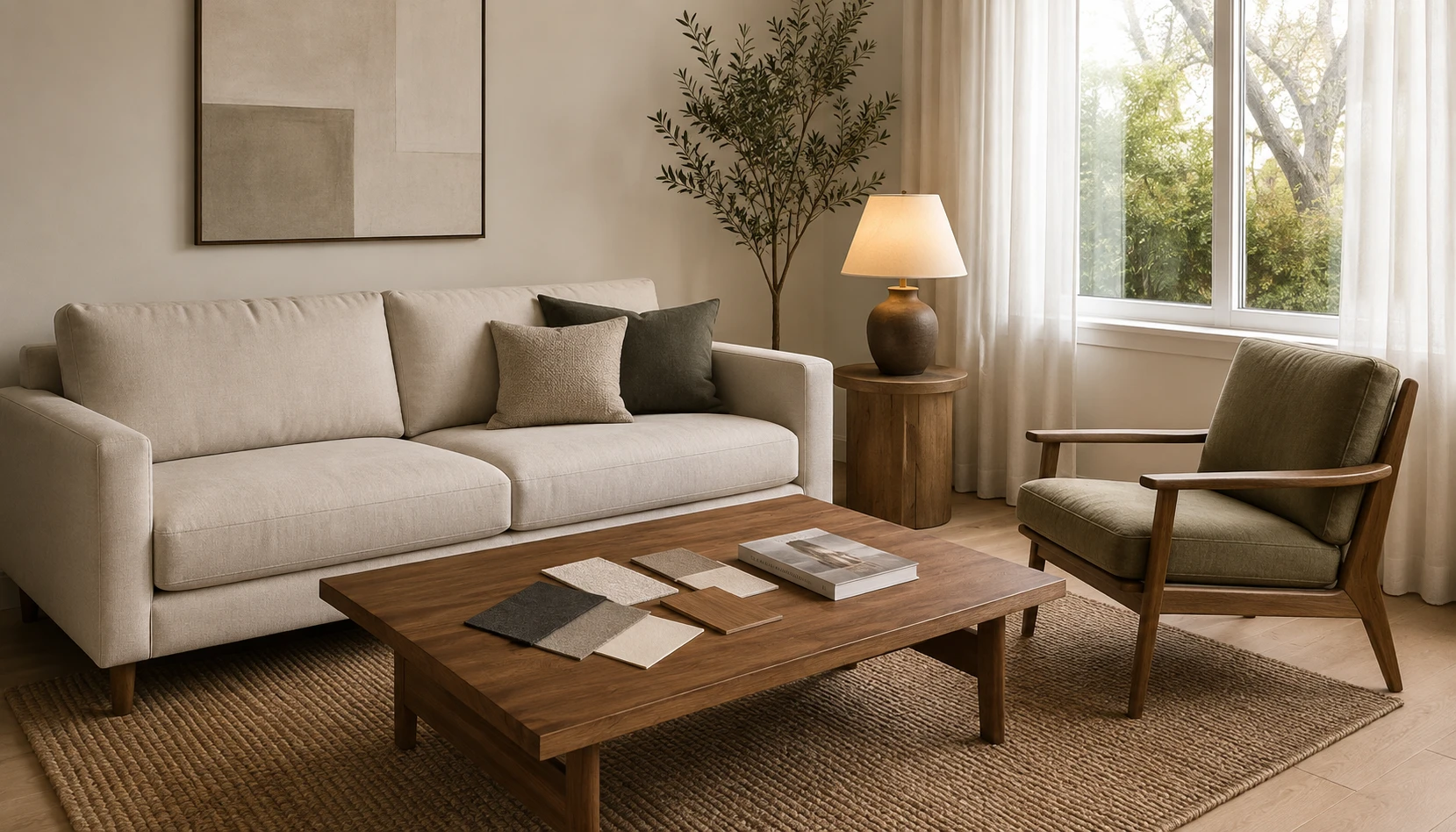 Room refresh sequence showing lighting, curtains, rug, storage, and final decor