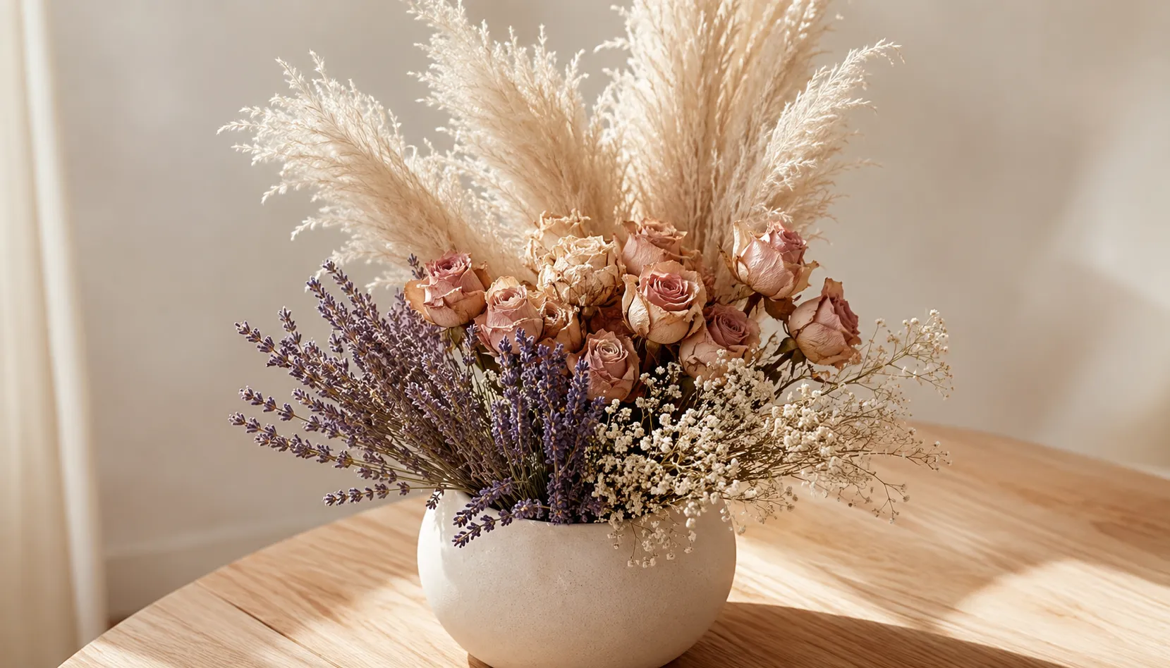 Dried flower arrangement showing height variation, texture mix, and colour palette