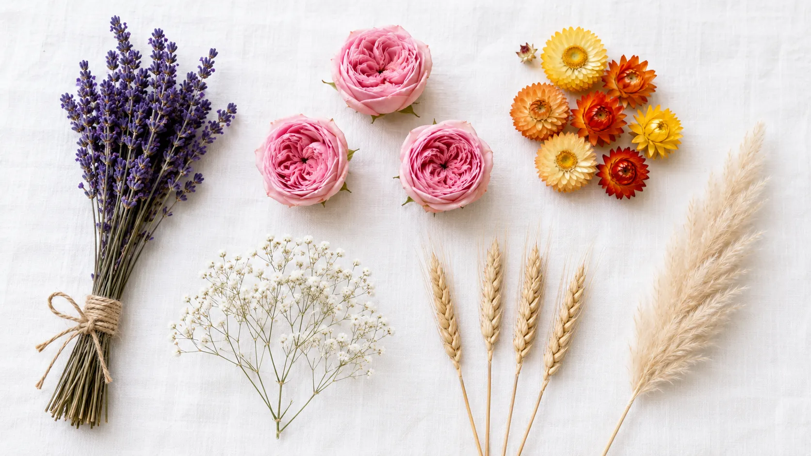 Collection of best flowers for drying including lavender, roses, and strawflowers