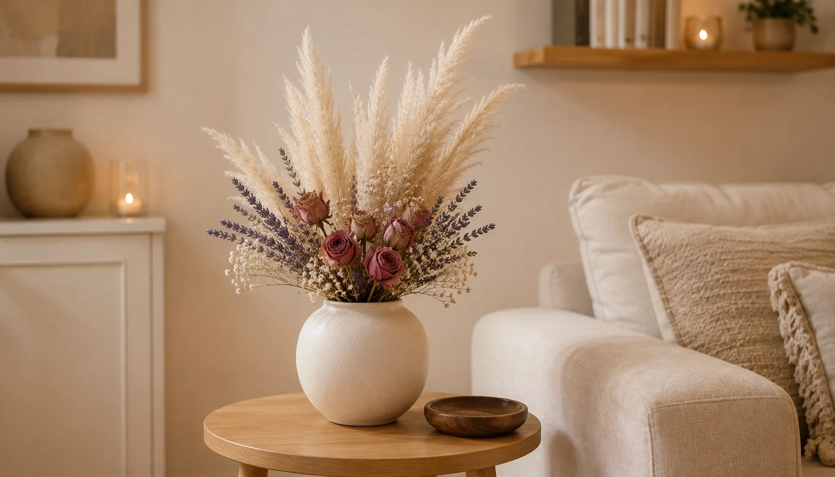 Dried flower arrangement displayed away from sunlight in a beautiful room