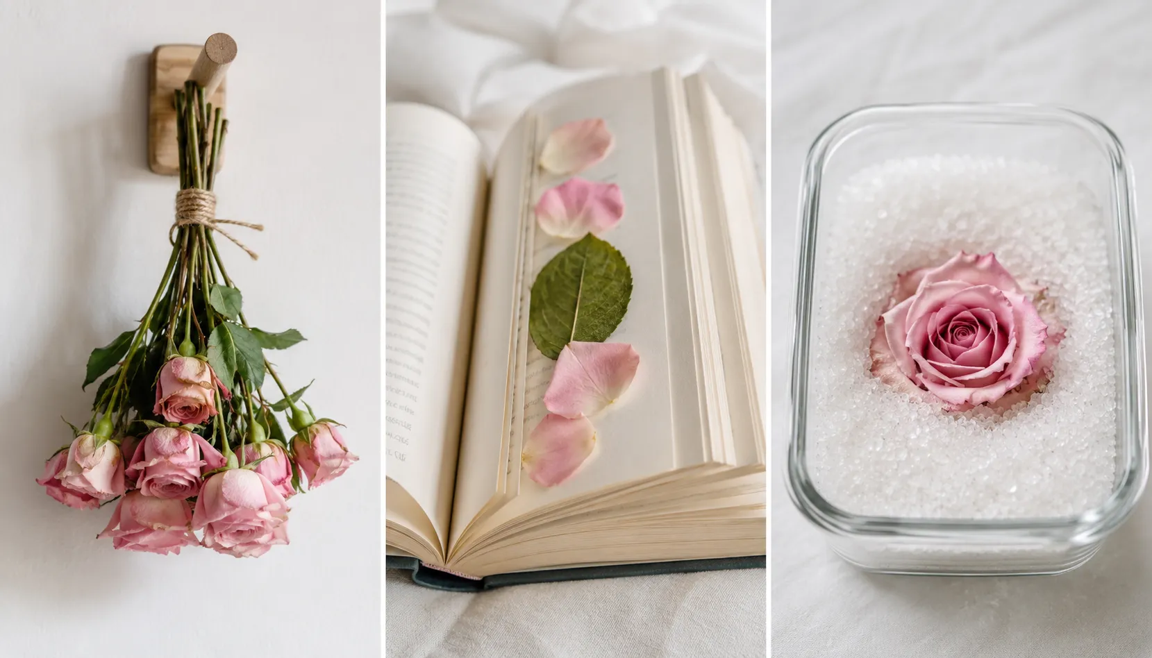 Three methods of drying flowers: hanging, pressing, and silica gel