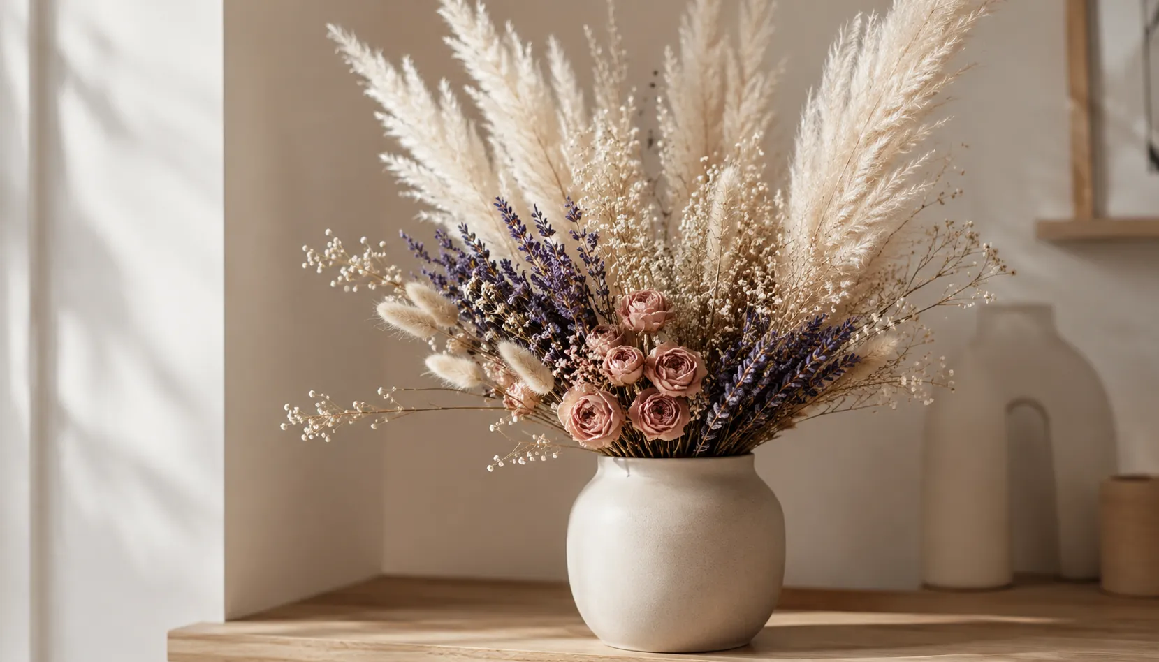 Beautiful DIY dried flower arrangement in a neutral vase on a shelf