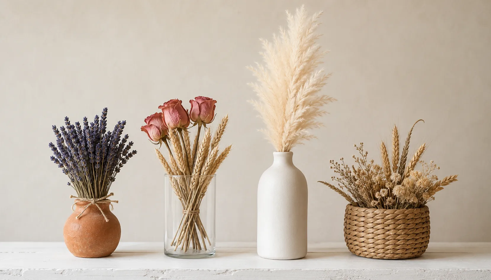 Different vase and container options for dried flower arrangements