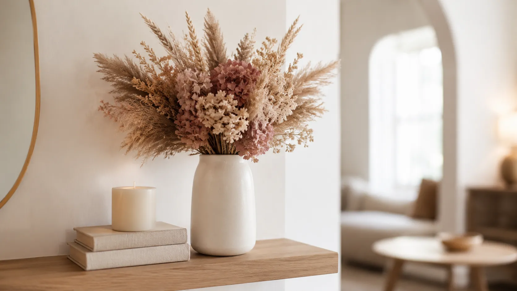 Dried flower arrangement lasting years on a shelf