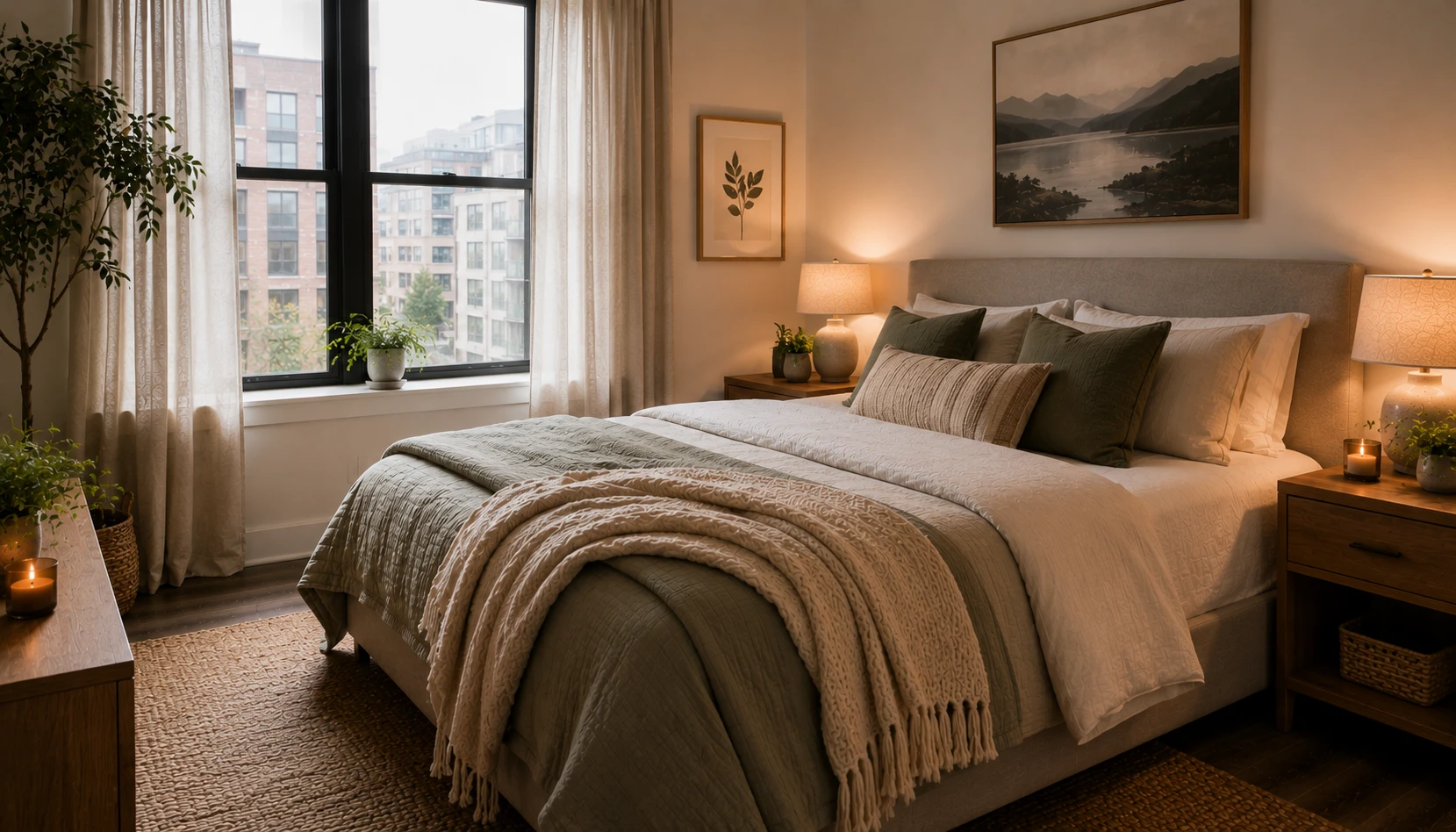 Make the Bed the Bedroom Anchor shown in a realistic rental apartment