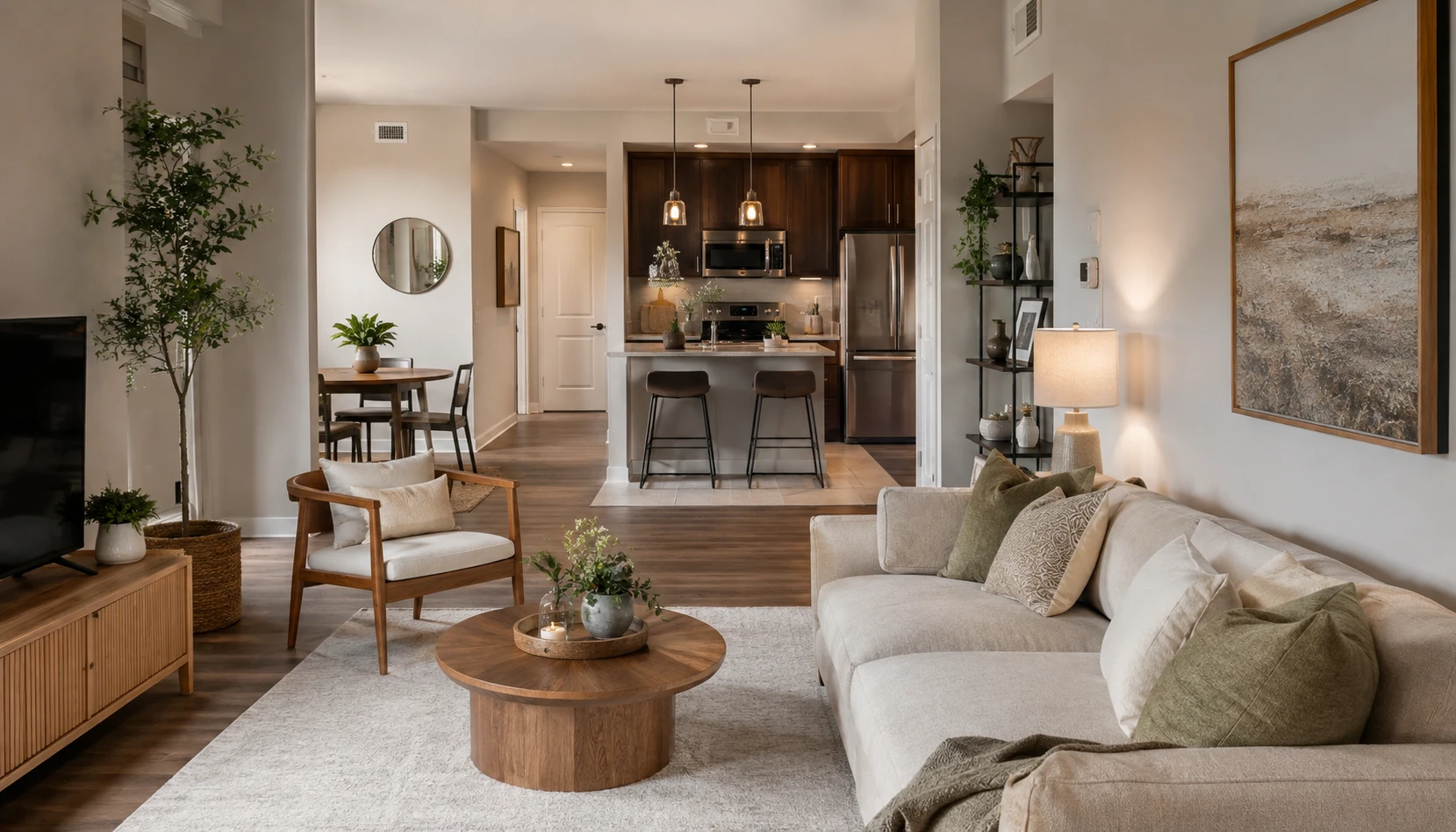 Warm rental apartment living room with full-length curtains, a large rug, layered lamps, plants, and removable wall art