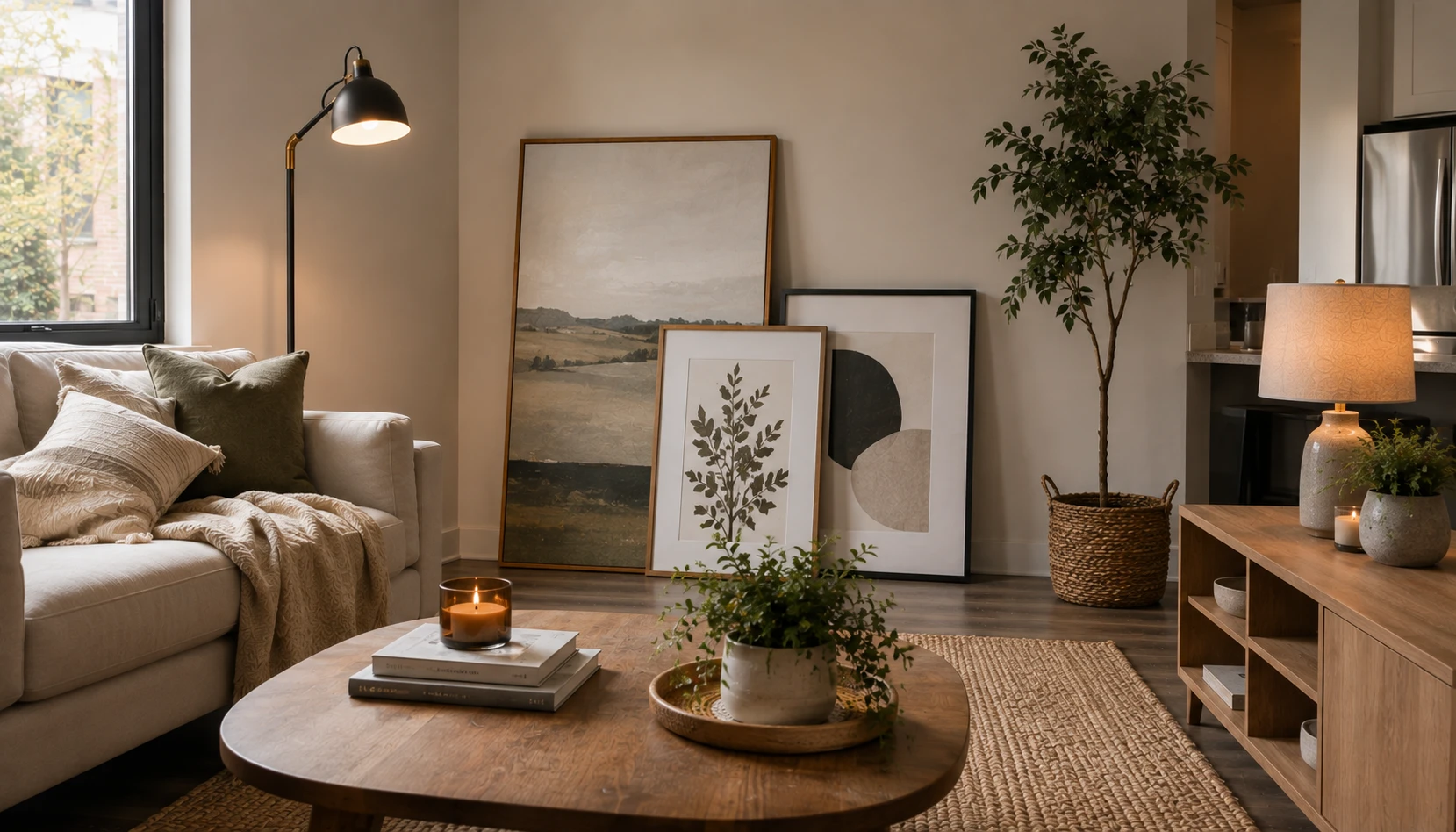 Lean Art Where Hanging Is Awkward shown in a realistic rental apartment