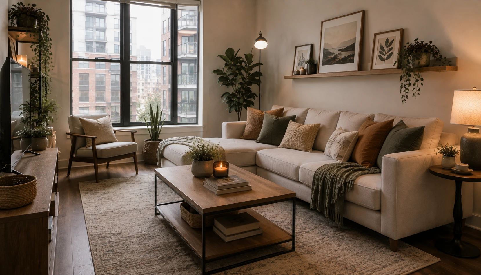 Give the Living Room One Focus shown in a realistic rental apartment