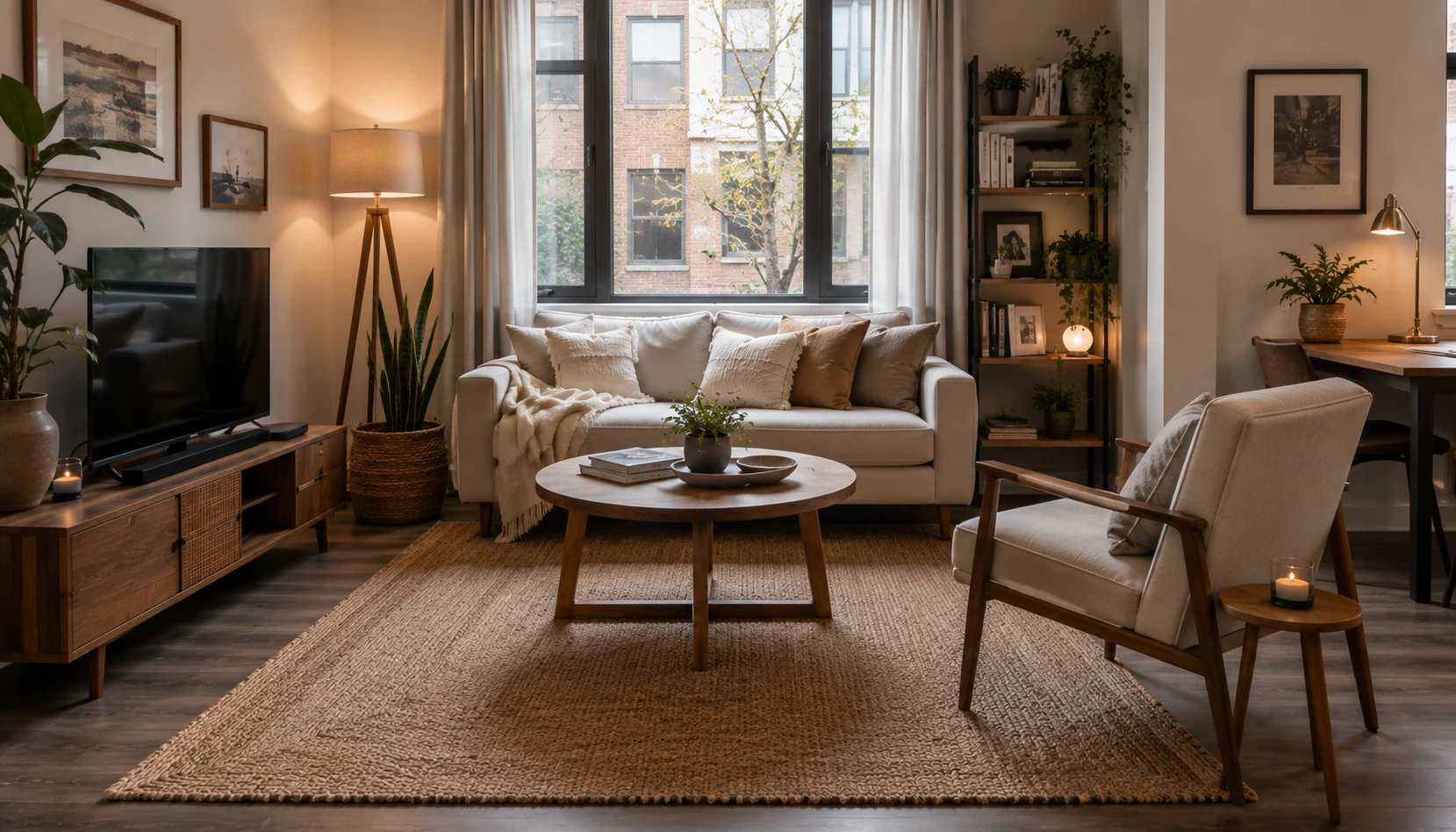 Use a Rug That Connects the Furniture shown in a realistic rental apartment