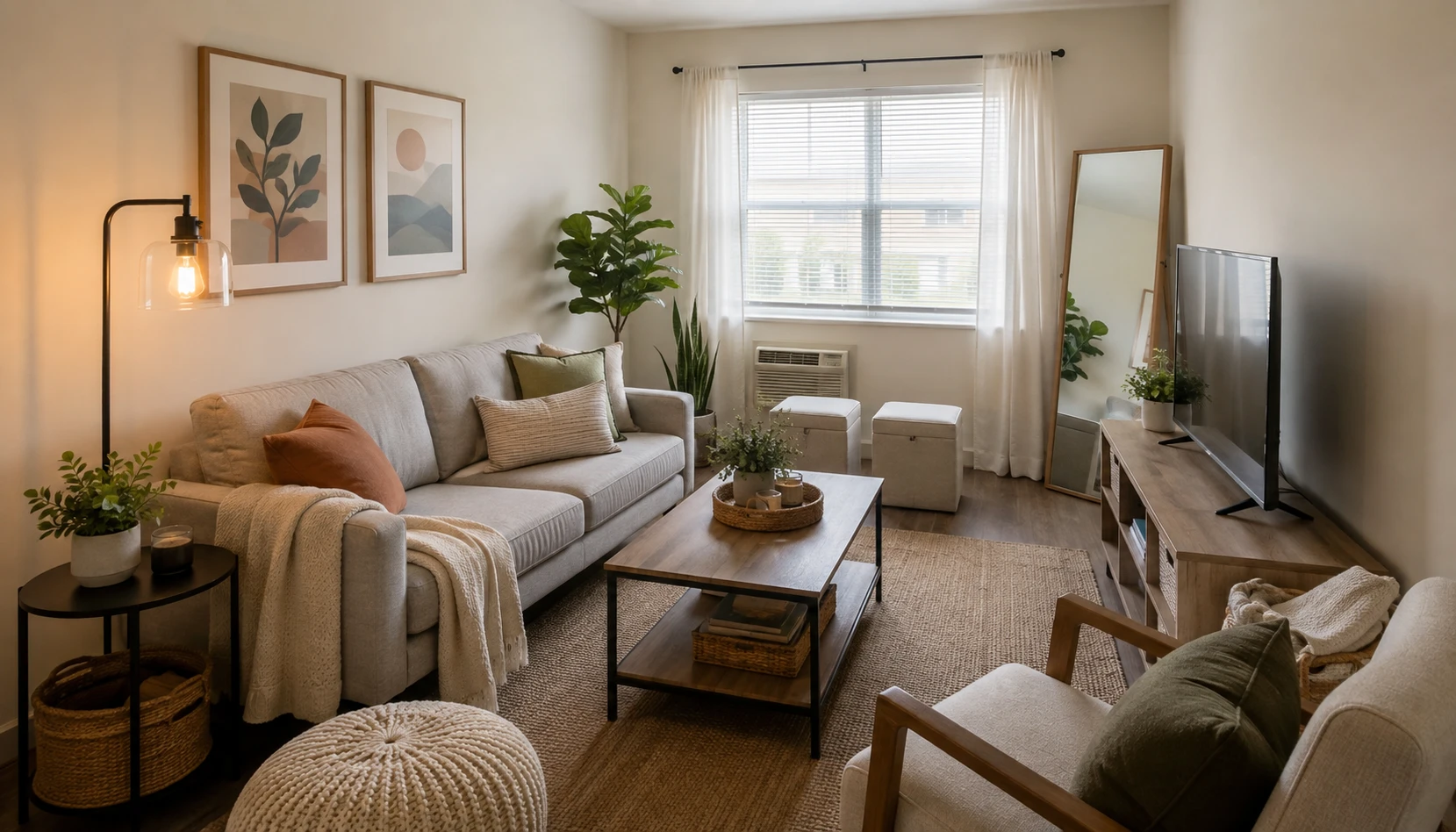 Plain rental living room with harsh light, short curtains, and small rug