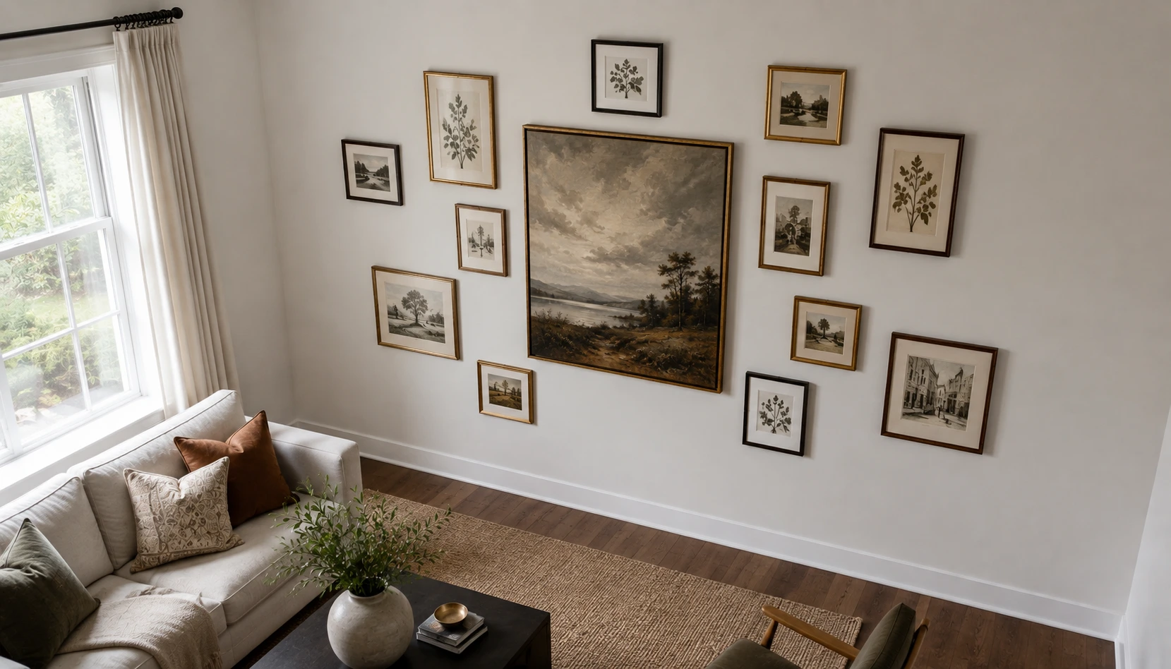 Gallery wall frames arranged outward from a central anchor piece around a corner
