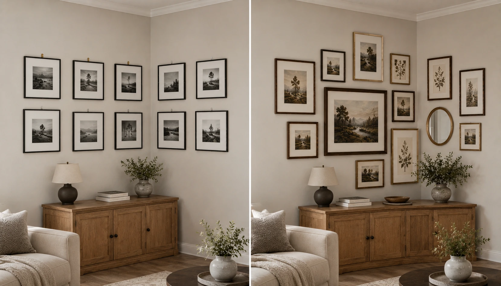 Split scene comparing a poorly planned corner gallery mistake against a correctly styled corner gallery wall